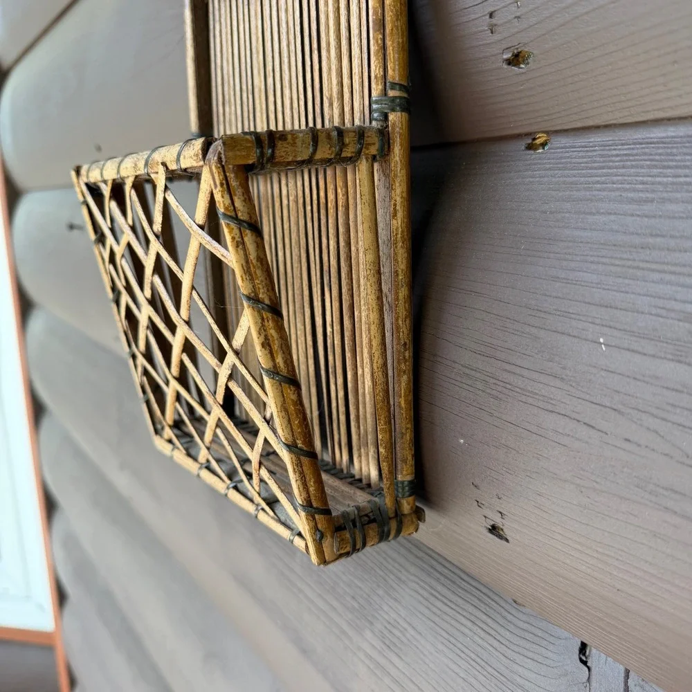 Vintage Bamboo Rattan Wall Pocket Organizer 2 Tier Mail Letter Holder Boho Decor